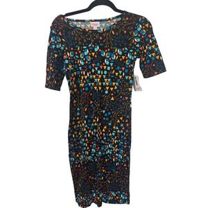 LuLaRoe Julia Dress XXS NWT Black Geometric Floral Print Elbow Sleeve Sheath